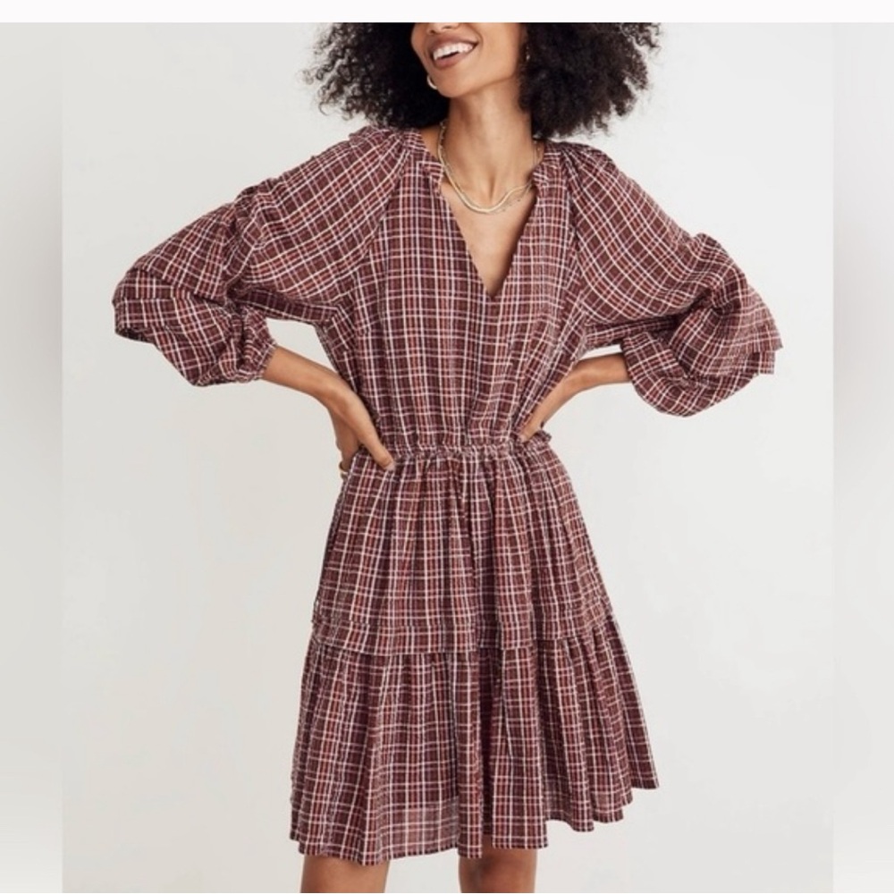Madewell Wrap Plaid Seersucker Mini Dress